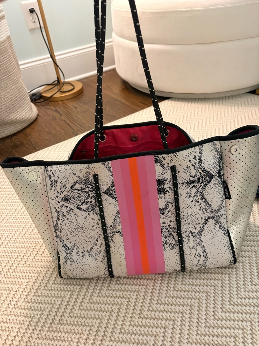 Neoprene Tote Bag with Pink & Orange Stripe with clutch